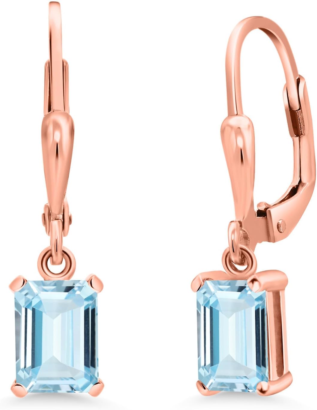 Gem Stone King 18K Rose Gold Plated Silver Gemstone Birthstone Drop Dangle Earrings | Emerald Cut 7X5MM Leverback Earrings for Women