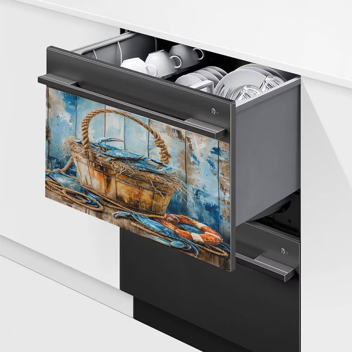 Blue Crab Dishwasher Magnet Decorative Cover,Retro Wood Dish Washer Magnets Decal, Farmhouse Magnetic Refrigerator Cover, Fridge Sticker Appliance Panel 23"" x 17"", Rimyy45-2