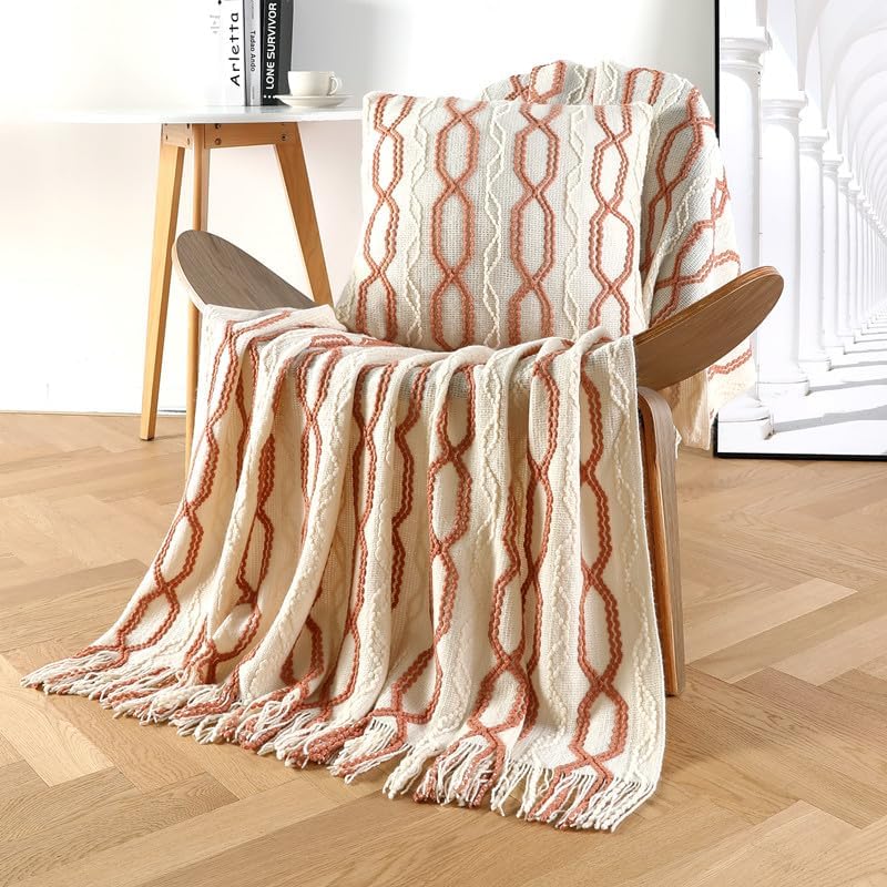 Miniatura 3 de Tititex Manta decorativa suave, manta texturizada bohemia coral con borlas de flecos, manta tejida acogedora y ligera para sofá, cama, silla, sofá,