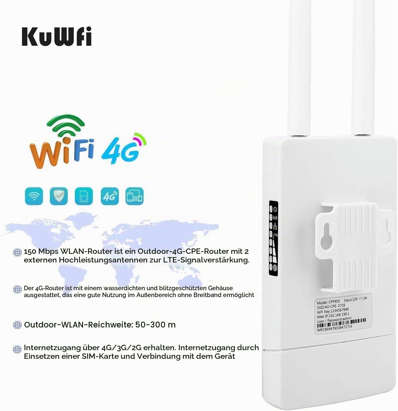 Outdoor 4G LTE Router, Mobiler WLAN Router für SIM Karten, 4G Cat 4 bis zu 150 Mbit/s, WLAN 2.4GHz 300 Mbit/s, 2 X Abnehmbare Externe Antenne, 1x 100 Mbps Ports, IP65, 12v DC, Plug & Play, 10 Geräte