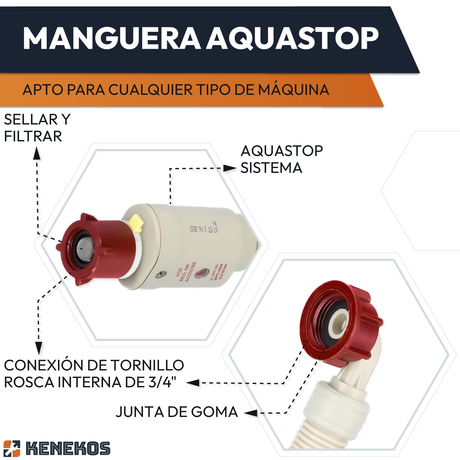 Kenekos - 1,5m - 3m Manguera Aquastop 3/4 pulg. rosca máx. 90°C, manguera de entrada de seguridad incl. válvula de seguridad+filtro de suciedad para lavadora, manguera de entrada Aquastop 1,5 m
