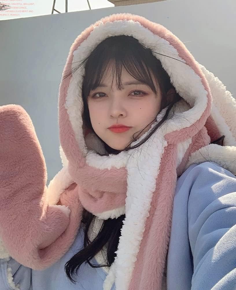 Women Cute Rabbit Ear Plush Beanie Cap Outdoor Fluffy Bunny Hat Scarf Set Indoor Warm Thick Fleece Animal Hoodie