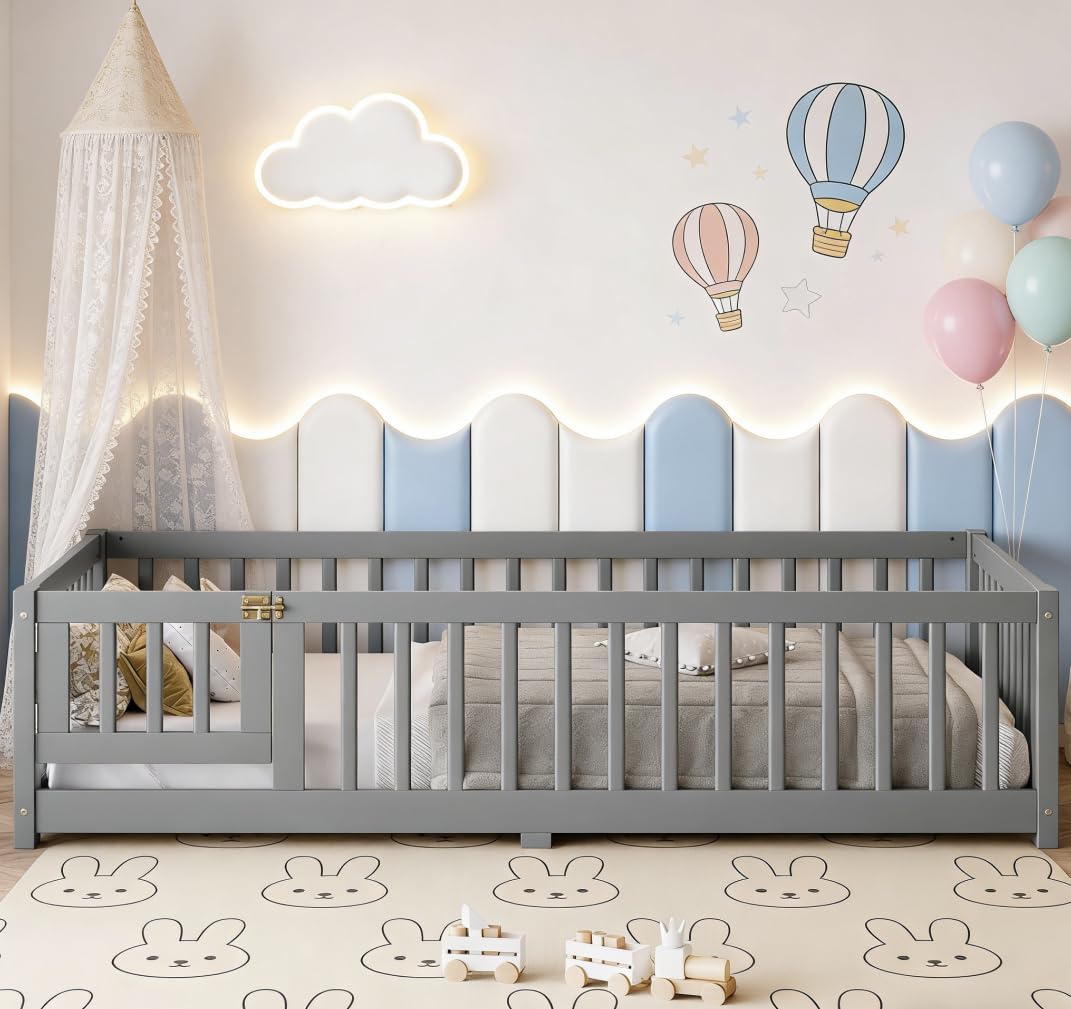 Bellemave Twin Size Montessori Floor Bed with Rails, Pine,Montessori Floor Bedwith slats and a Small Door, Grey