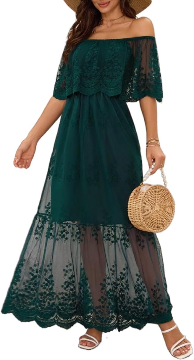 Women's Off The Shoulder Embroidered Lace Maxi Wedding Dress Boho Wedding Guest Formal Party Maternity Photoshoot Dresses F Dark Green Large