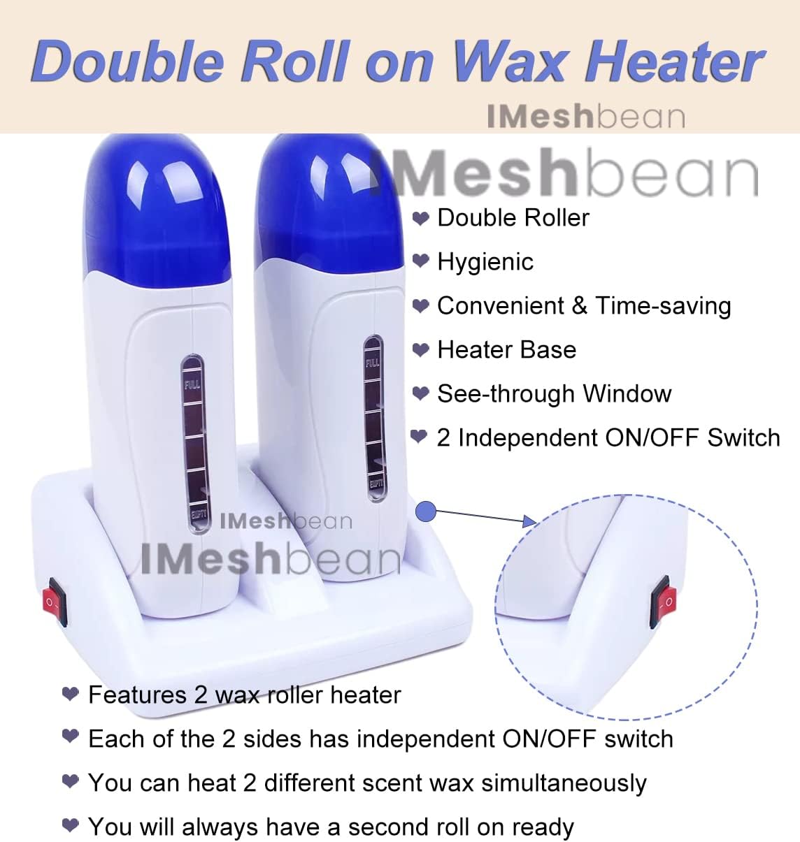 110V Double Wax Roller Portable Depilatory Wax Warmer Refill Kit with ON/OFF Switch Heater Base for Leg Eyebrow FaciaL Armpit Bikini Brazilian Hair Removal (Honey & Aloe Wax Cartridge)