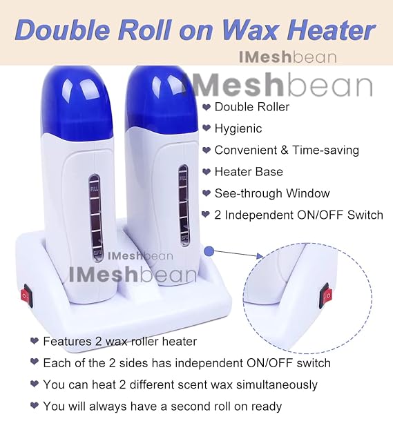Double Depilatory Roll on Wax Heater Roller Warmer Cartridge Strips Hair Removal Kit with ON/OFF Switch (Aloe & Honey Wax Refill)