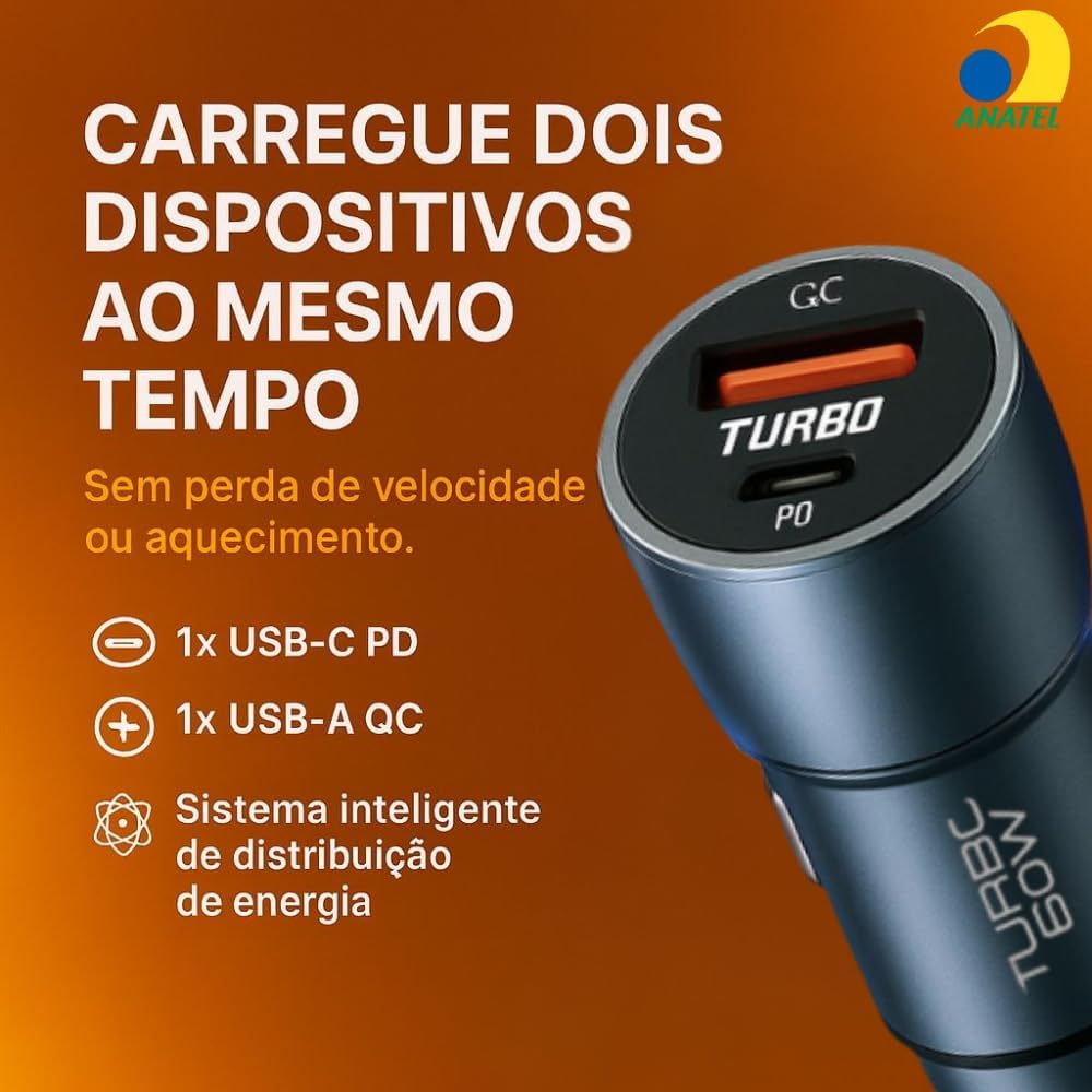Carregador Veicular Turbo 60W Duas Portas Para Automóvel Carregador de Carro Duas Entradas com Carregamento Super Rápido + Cabo USB-C Premium Carregador Veicular Turbo 60W Duas Portas Para Automóvel Carregador de Carro Duas Entradas com Carregamento Super Rápido + Cabo USB-C Premium