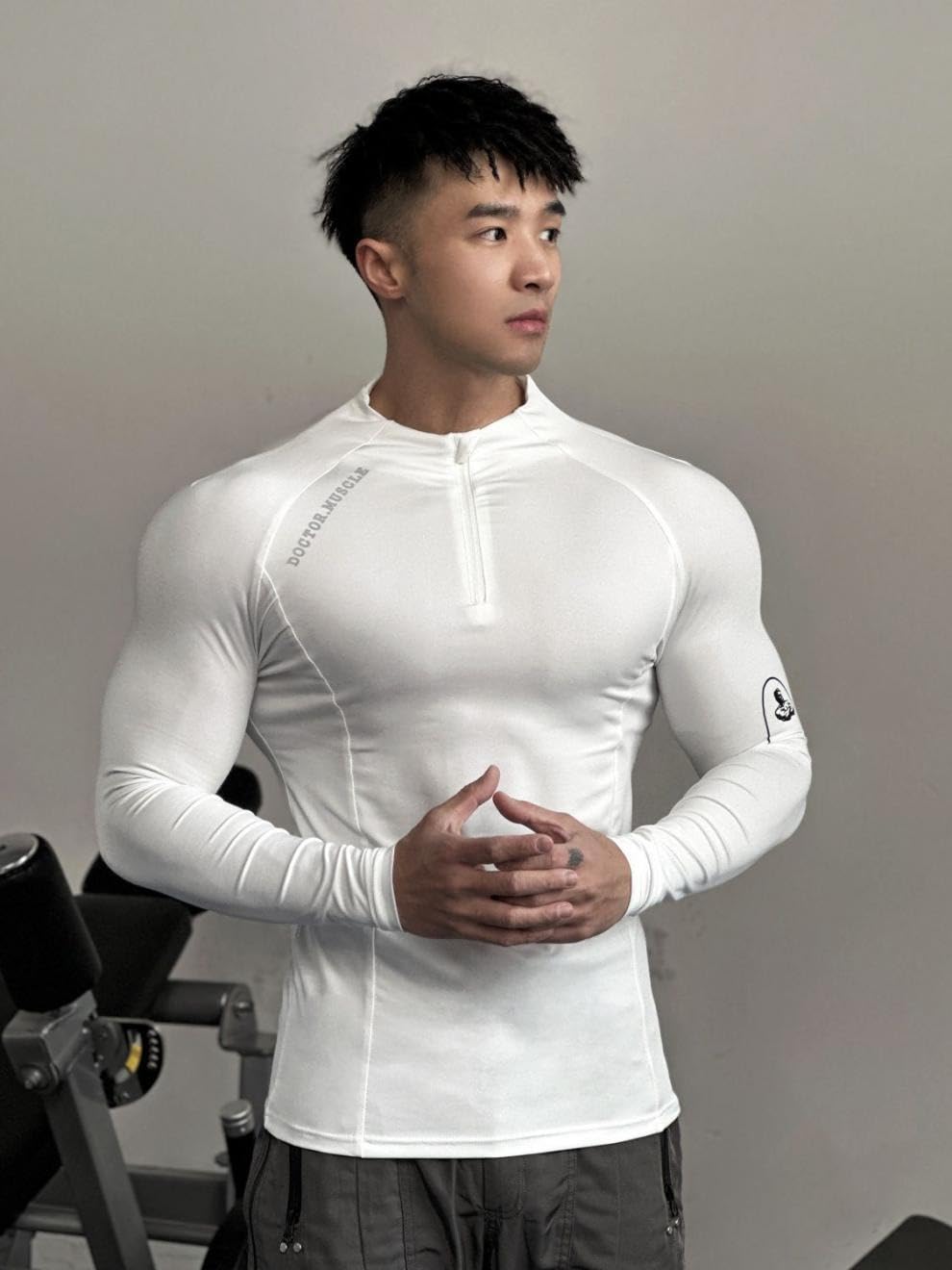 Men's GMY Sport Fit 1/4 Zipper Compression Shirts Top Cycling Jersey Bike Shirt (White,L,Large)