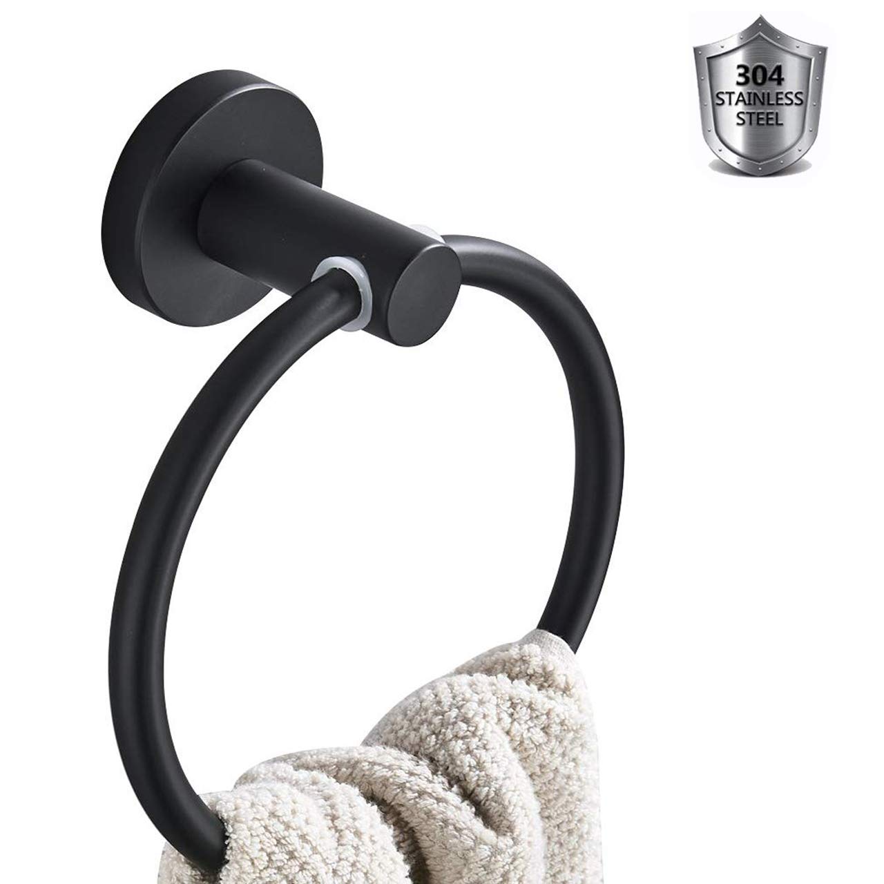 Towel Ring - Bathroom Round Hand Towel Holder, Wall Mount Kitchen Towel Hangers, Matte Black Rust Proof Bath Towel Rack Hook Rings Made from Stainless Steel (Drill Needed)