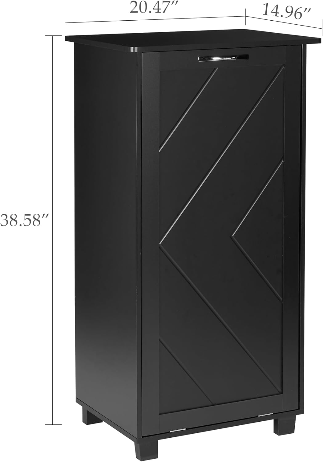 Diagram showing the dimensions of the VECELO Tilt Out Kitchen Trash Bin Cabinet: 20.47 inches length, 14.96 inches width, and 38.58 inches height.