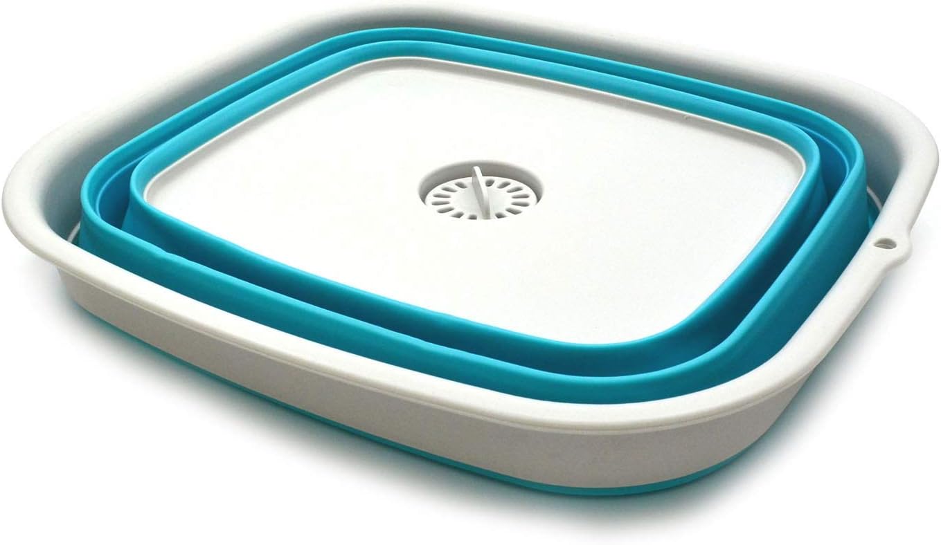 SAMMART 15L (3.9 Gallon) Collapsible Dishpan with Draining Plug - Foldable Washing Basin - Portable Dish Washing Tub - Space Saving Kitchen Storage Tray (1, Bright Blue)