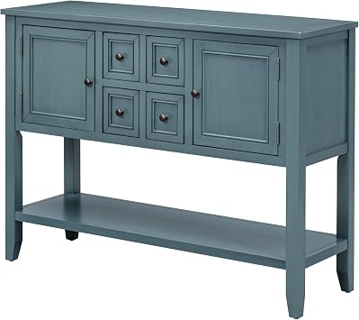 Knocbel Vintage Wood Console Table Buffet Sideboard with 4 Storage Drawers, 2 Cabinets & Bottom Shelf, Entryway Hallway Foyer Table Cupboard Coffee Bar Cabinet Dark Blue