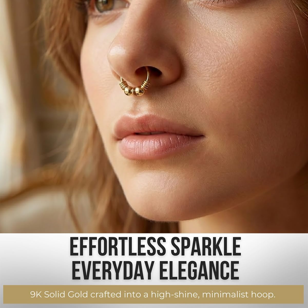 9K Solid Yellow Gold with Double Plain Ball and Spring Coli 22 Gauge Hoop Nose Ring - Cartilage - Daith - Rook - Lobe - Conch Piercing Body Jewelry