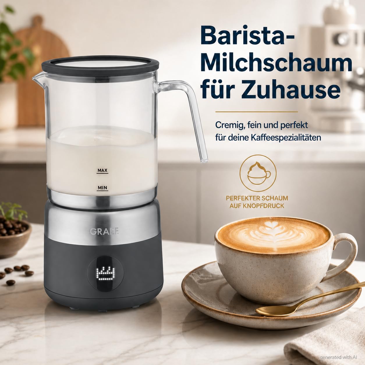 GRAEF MS802EU - Espumador de leche eléctrico, hasta 500 ml de espuma de leche en calidad barista, jarra de cristal extraíble, 5 programas, apagado automático, pantalla táctil, color negro