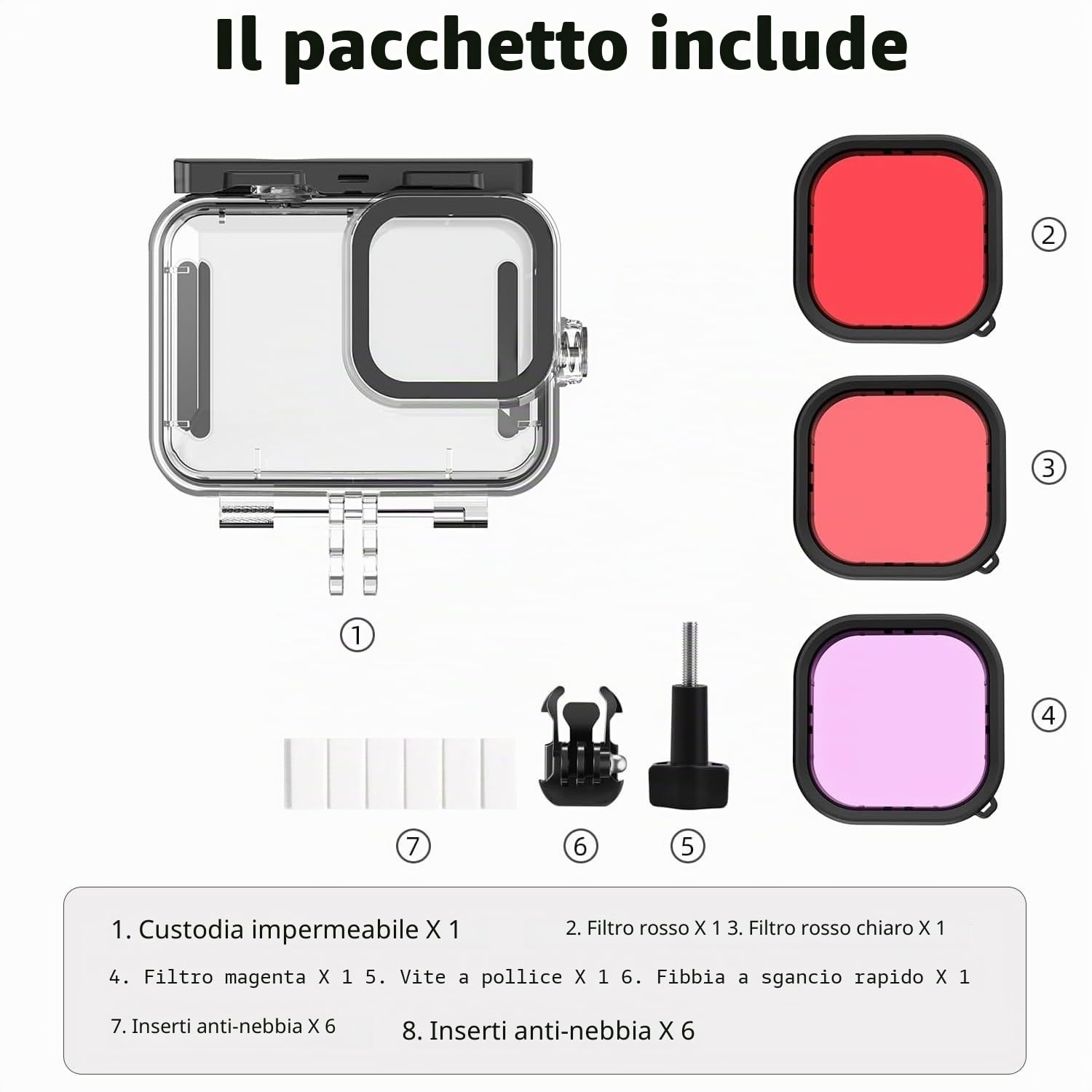 60M Custodia Impermeabile per Gopro Hero 13, Subacquea Immersione Trasparente Copertura Protettiva Shell con Montaggio a sgancio rapido + 3 filtri + 6 Fogli antiappannamento