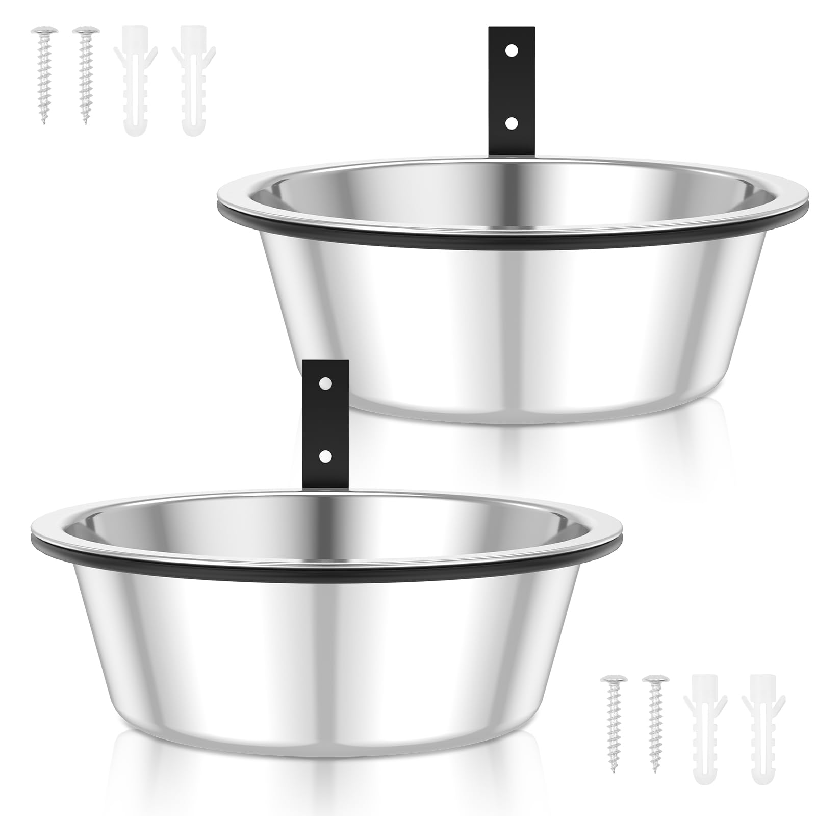 2Pcs Dog Bowl Wall Mount, 21cm Stainless Steel Hanging Pet Bowls, Foldable Raised Dog Feeder, Easy to Clean, Adjustable Height Pet Food and Water Bowls for Dogs, Cats, Guinea and Rabbit