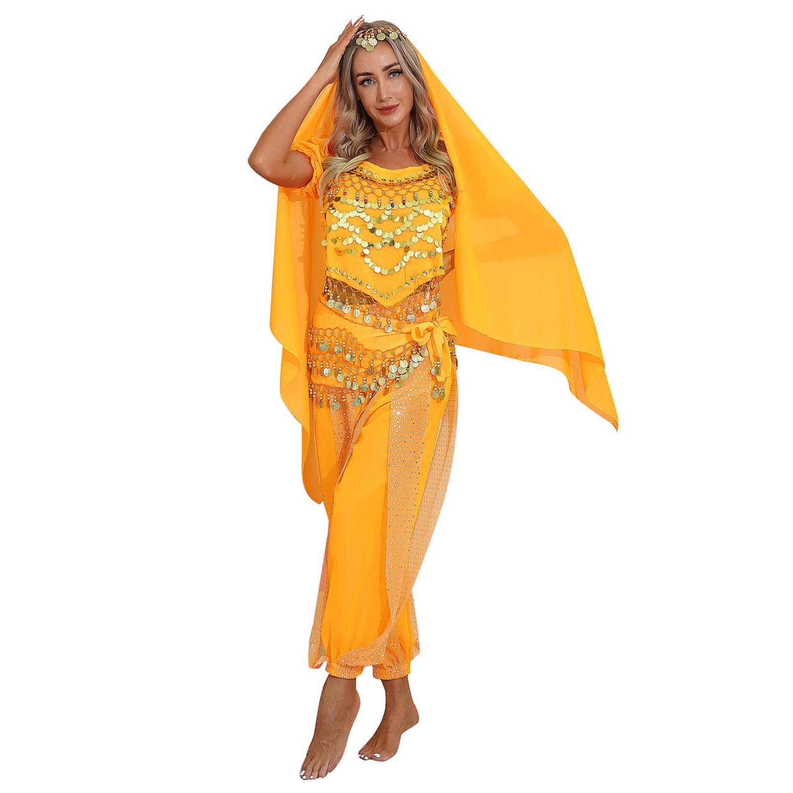 Alvivi Women's Chiffon Sequins Belly Dance Suit Outfits Indian Dance Stage Performance Costume Yellow One Size — image 1