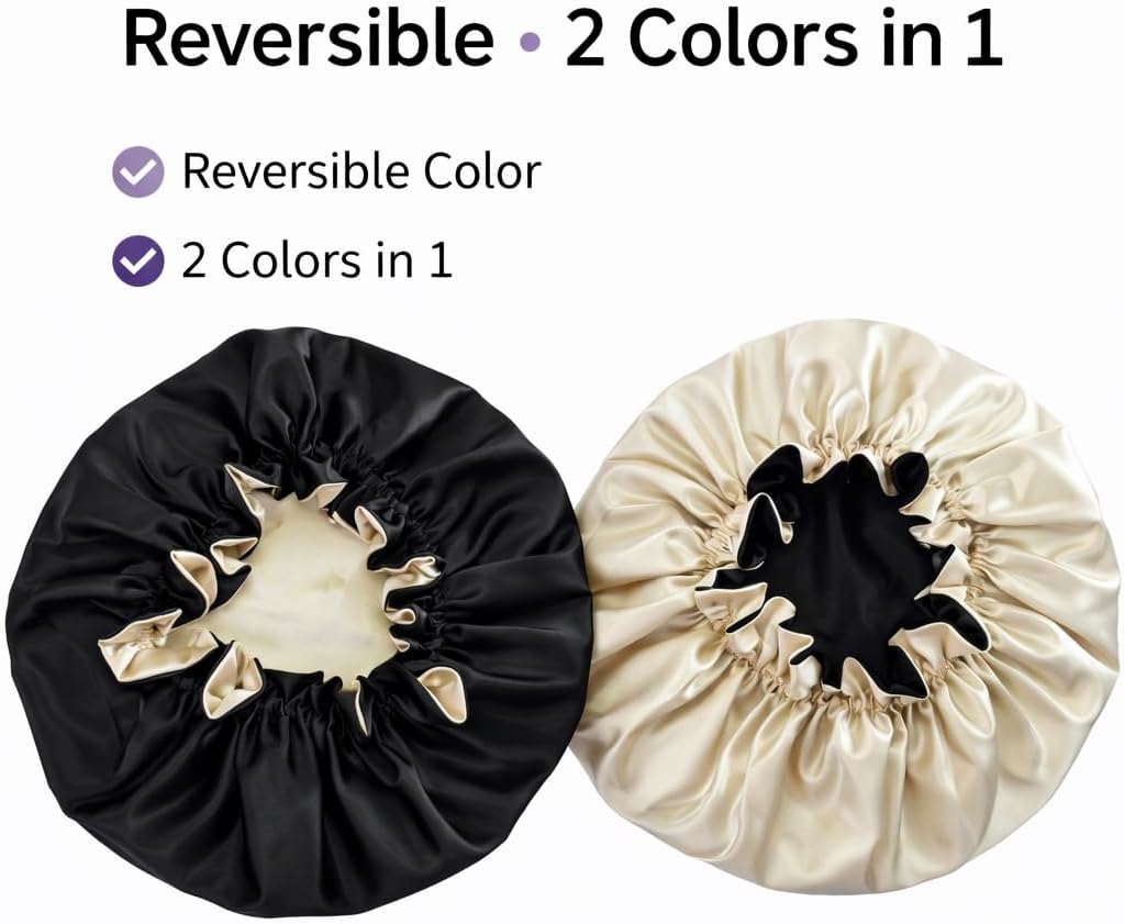 Satin Pillowcase Set with Adjustable Sleep Bonnet, 2 Satin Pillowcases 20x 30 Inch + 1 Satin Bonnet, Silky Soft Anti-Frizz Hair Protection Sleep Set for Women. (Black)