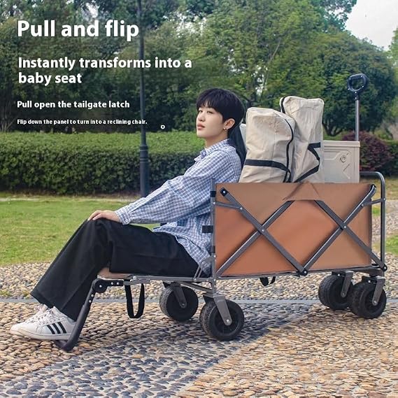 Big Wheels Collapsible Wagon Cart Foldable, Heavy Beach Wagon with Silent All-Terrain Wheels, Folding Utility Grocery Cart with Side Pocket and Brakes for Camping Sports, Black