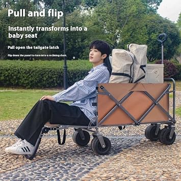 Big Wheels Collapsible Wagon Cart Foldable, Heavy Beach Wagon with Silent All-Terrain Wheels, Folding Utility Grocery Cart with Side Pocket and Brakes for Camping Sports, Black