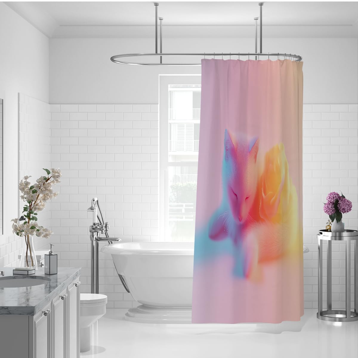 Zasłony prysznicowe łazienka kot uroczy różowy żółty 200 x 200 cm