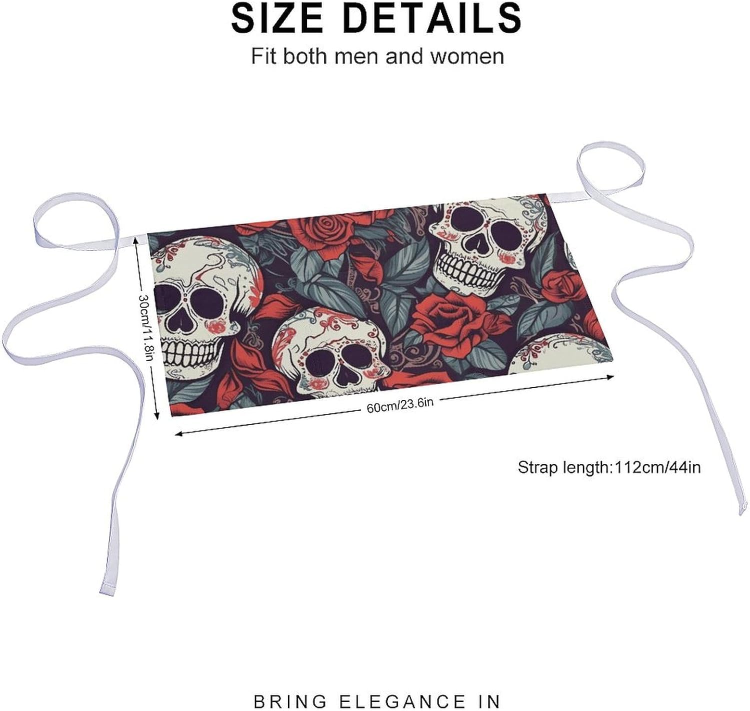 Sugar Skulls And Red Roses Waist Apron with Pocket Waterdrop Resistant Kitchen Cooking Apron Half Bistro Server Aprons Adjustable Chef Aprons for Women Men, 23.6 X 11.8 Inch