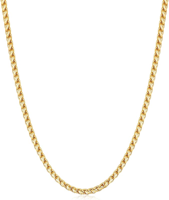 14K Gold Plated Wheat Chain Necklace for Men, 2/2.5/3/4/5mm Stainless Steel Necklace Chains for Men and Women 16-28 Inch