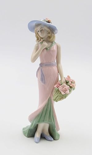 Figura de porcelana fina con cesta de ramo de rosas rosadas, 7-7/8 pulgadas de alto