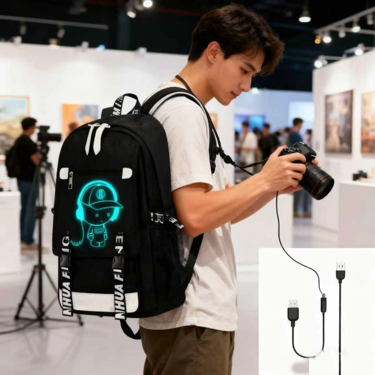 School Backpack for Boys Print Backpack Teenagers Anime Large School Bag Outdoor Reflective Daypack.Luminous Pattern Travel Laptop Backpack - With Usb Charging Port Headphone port - Image 6