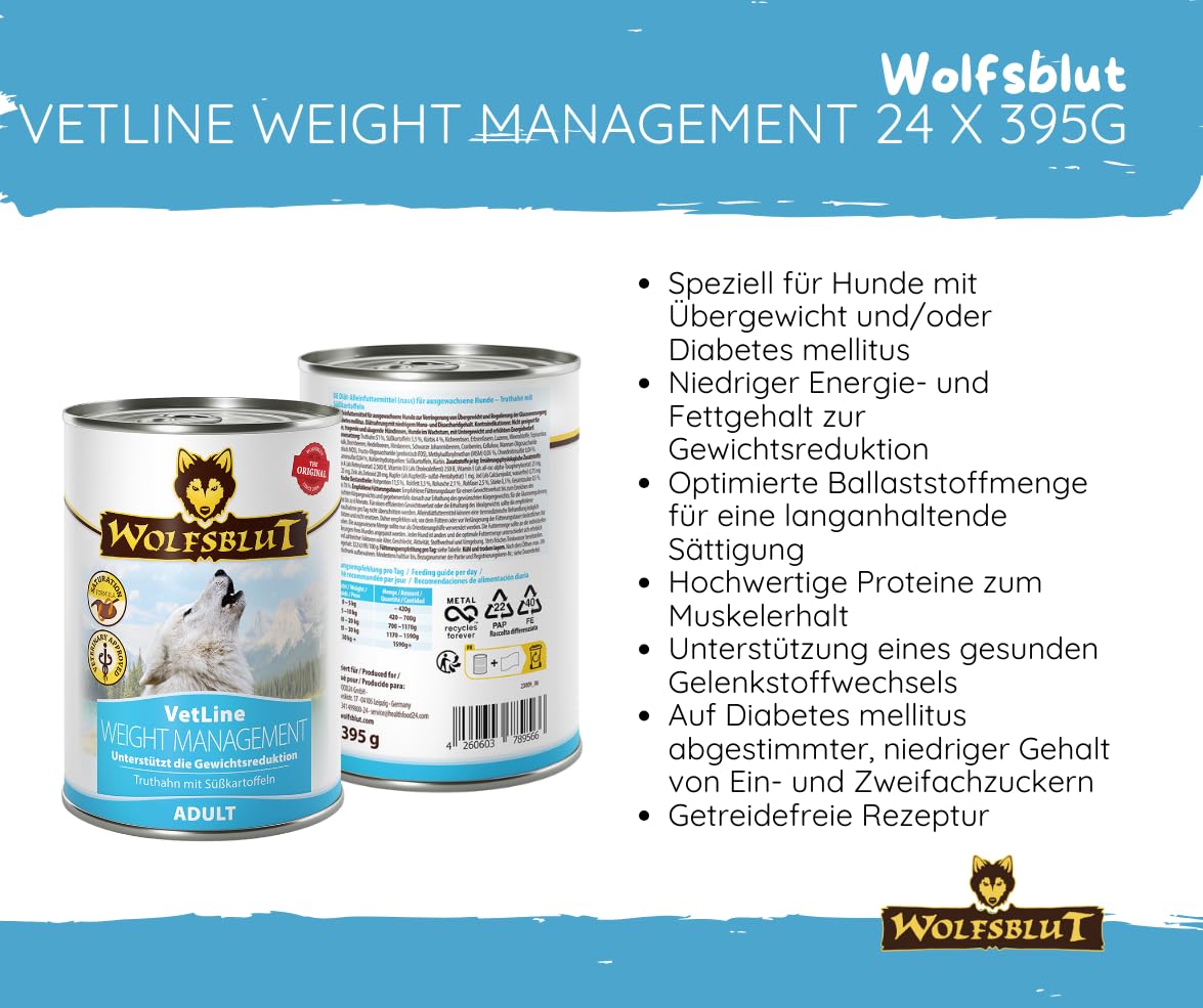 Wolfsblut Vetline Hundefutter - Weight Management, 24x395g - Sparbundel, Sparpaket - inklusive Warnicks Tierfutterservice Hundesnack Goodie
