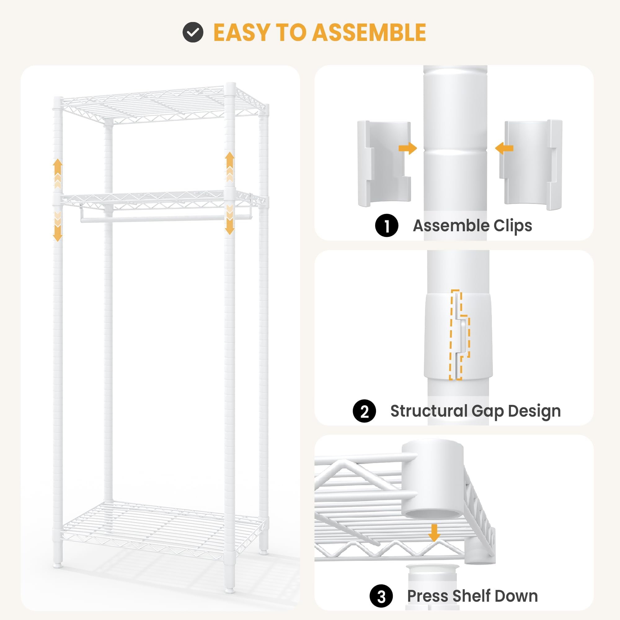 Perchero de Pie Mini Metálico, 3 Estantes y 1 Barra Colgadora, Blanco, 60x40x180 cm, Ahorro de Espacio para Dormitorio y Salón