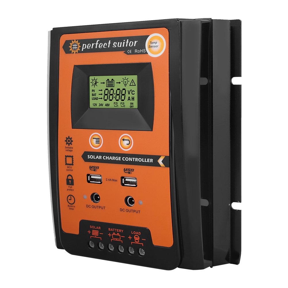 12V/24V 50A Regulador Solar MPPT Versión Corta Controlador de Carga Solar, Regulador para Panel Solar y Batería con Doble USB y Pantalla LCD