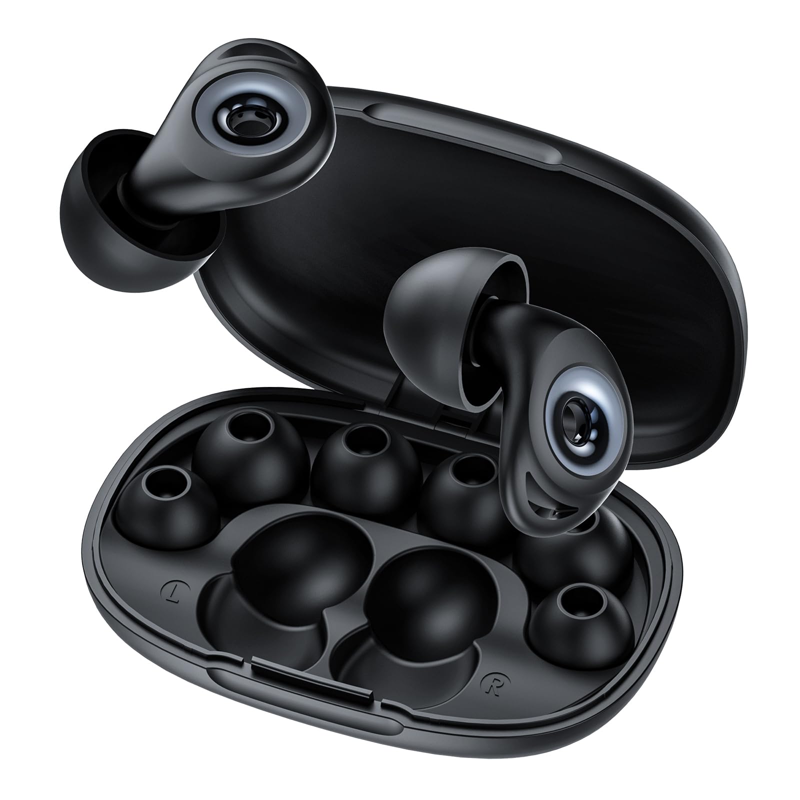 Bouchons d'oreille silicone anti-bruit pour dormir 32dB | lavable, réutilisable, 4 tailles XS/S/M/L, étui inclus, pour dormir, ronflement, voyage, concert, Noir brillant