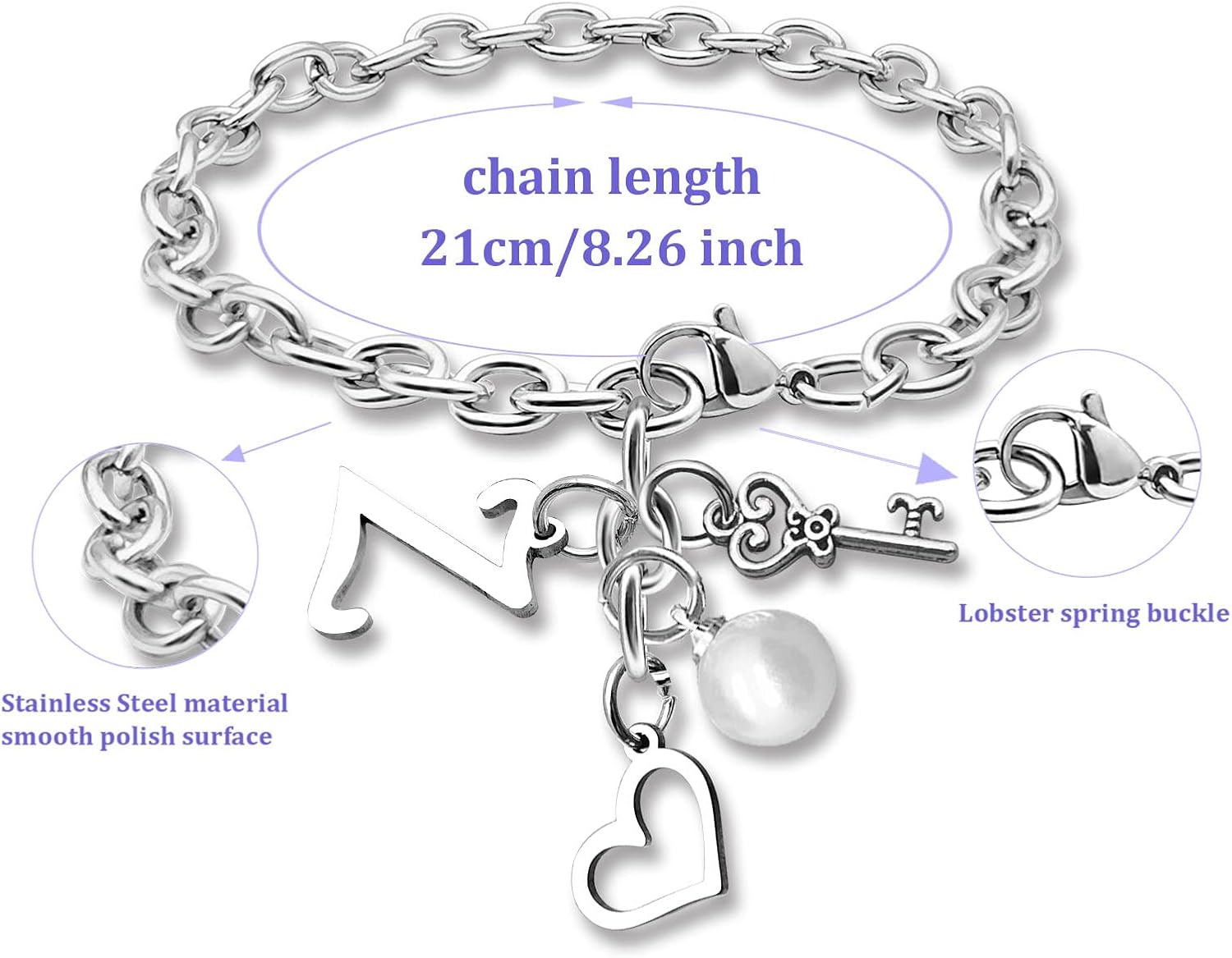 Initial A-Z Bracelets Gift for Women Girls Stainless Steel Chain Bracelet 26 Alphabet Jewelry Gifts for Birthday Anniversary Letter Bracelet Monogram Gifts for Sister Friend Girlfriends Mom 8.26 Inch - Image 2