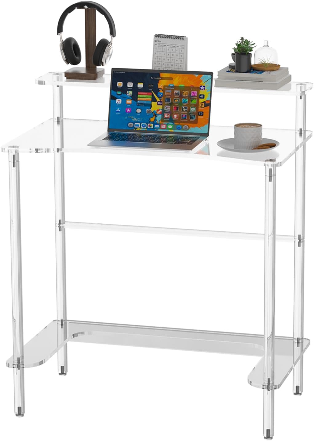 2Tier Acrylic Clear Desk 31.5x19.7x29.5 inch, Computer Desk, Home Office Desk Writing Table Furniture 0.47inch Thickness