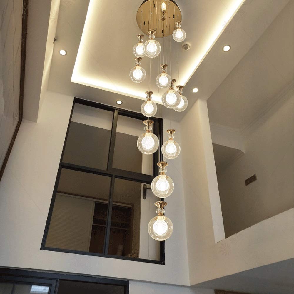 SXECAEPS Modern creative chandelier 12 lights Staircase modern Nordic style glass ball long pendant for living room villa duplex rotating staircase lamp 50x220cm