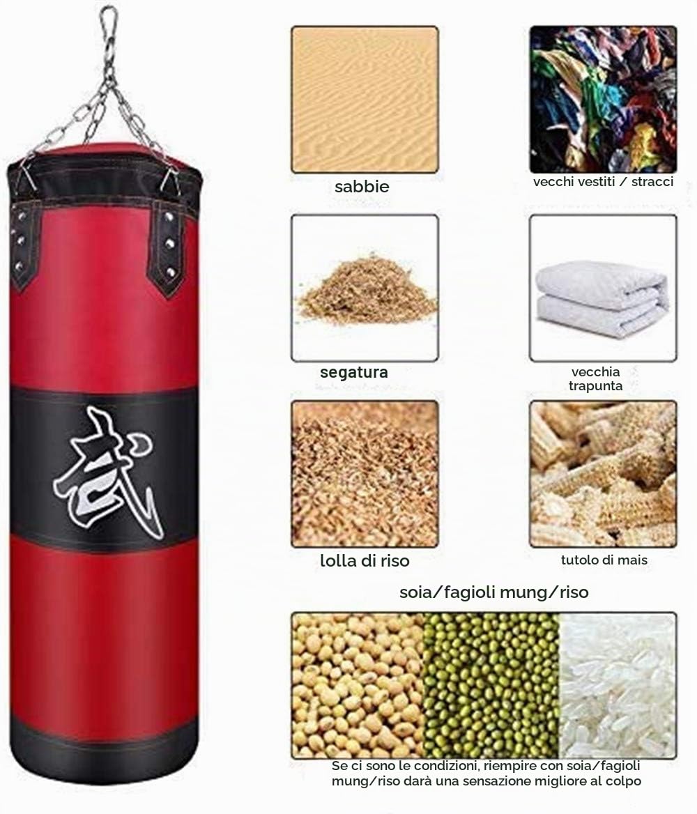 Sacco da Boxe Pesante con Catena in Acciaio, Gancio di Prolunga, Fibbia di Sicurezza, Non Riempito Sacchi di Sabbia da Pugilato da Appendere al Soffitto 100 cm