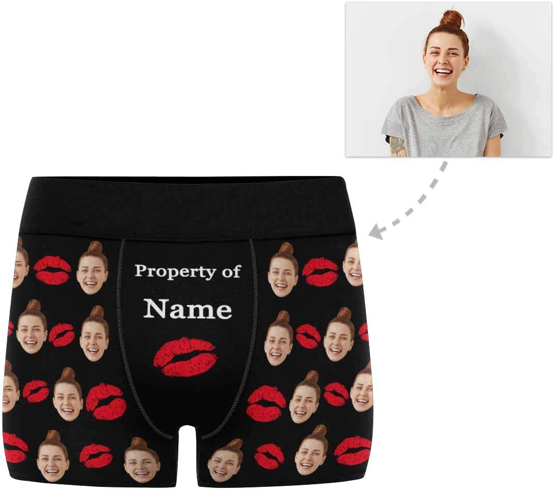 Custom Face Boxers Property of Girlfriends Name Red Lips White Personalized Face Briefs Underwear for Men