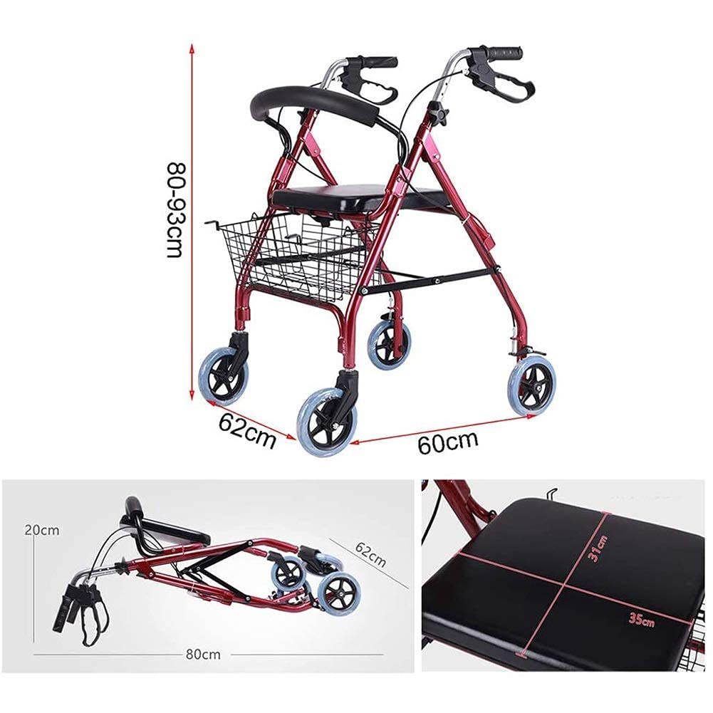 Andador Plegable con Ruedas Andador con Asiento Y Ruedas, Andador con Frenos Andador Plegable para Personas Mayores, Marco De Acero Duradero Que Soporta hasta 400 Libras, Rojo