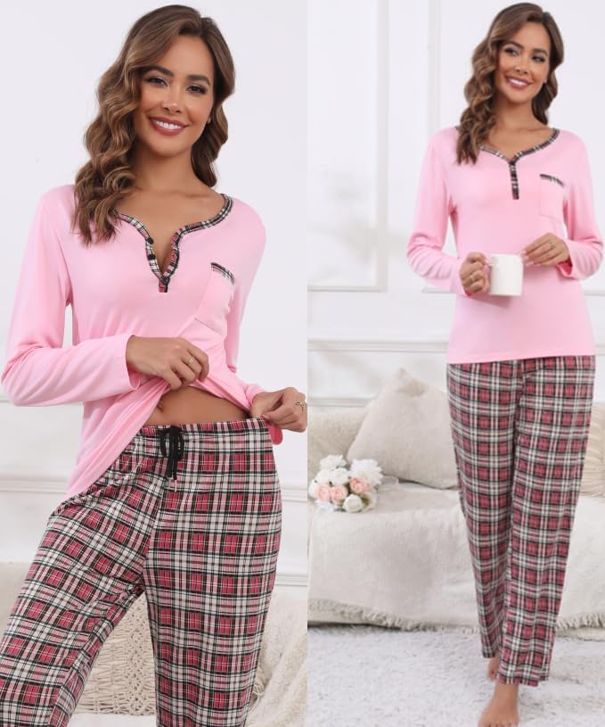 Womens long Sleeve Pajamas Sets 2 Piece Tops and Plaid Pants PJ Set Loungewear Sleepwear with Pockets - Image 5