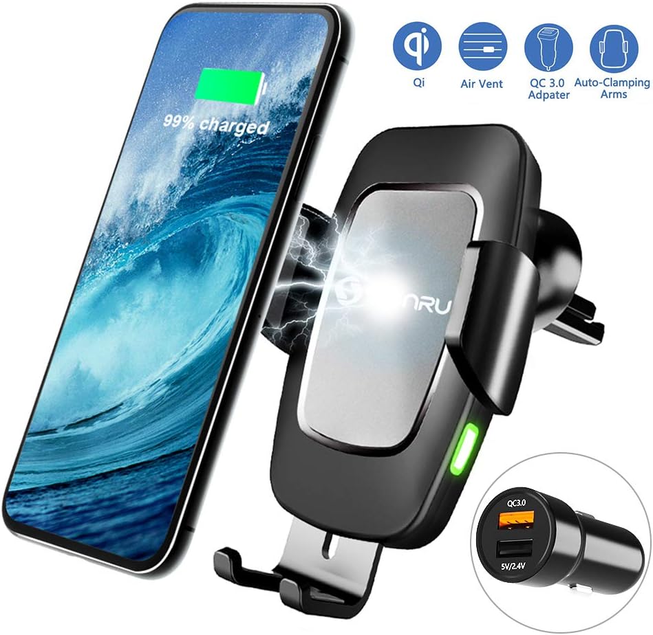 SONRU Wireless Car Charger Mount with QC3.0 USB Adapter,Auto Clamping Fast Charging Air Vent Windshield Dashboard Phone Holder Compatible with iPhone Samsung Moto HTC Sony Nokia Qi Certified