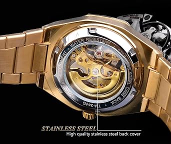 Skeleton Mechanical Watch for Men - Automatic Open Heart Design Stainless Steel Band - Premium Skeleton Watch for Casual & Formal Wear, Gold Black, Classic
