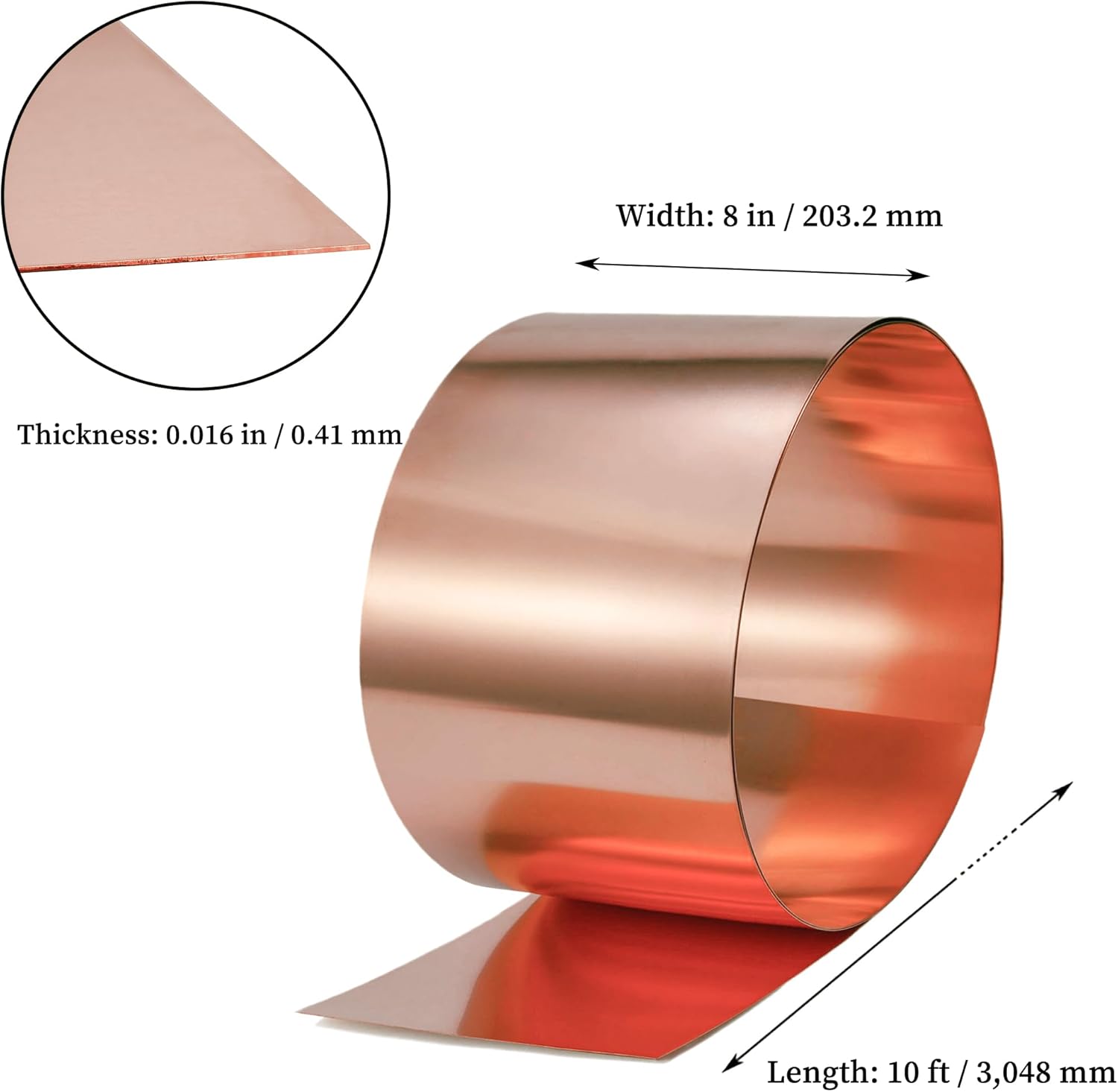 GOORY Copper Flashing 26 Gauge - 8in x 10ft 0.016"(0.41mm) Thickness Roof Flashing Roll - 99.95+% Pure Copper Sheet Metal ASTM B152 - Roofing Repair DIY Project Contractor Jewelry Crafts