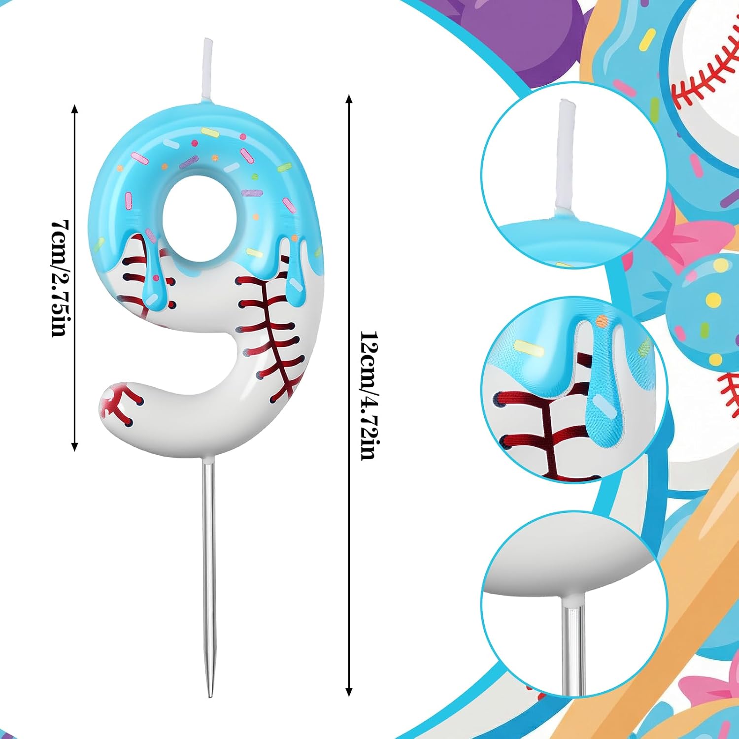Conelist Ice Cream Drip Baseball Birthday Candle Number 9 Cake Topper