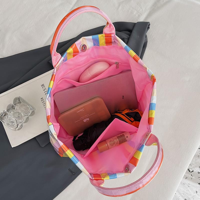 Image of Lushandy Striped PVC Tote Bag for Women, Checkered Plastic Tote Bag for Beach Pool Large Plaid Letters Print Hobo Handbag