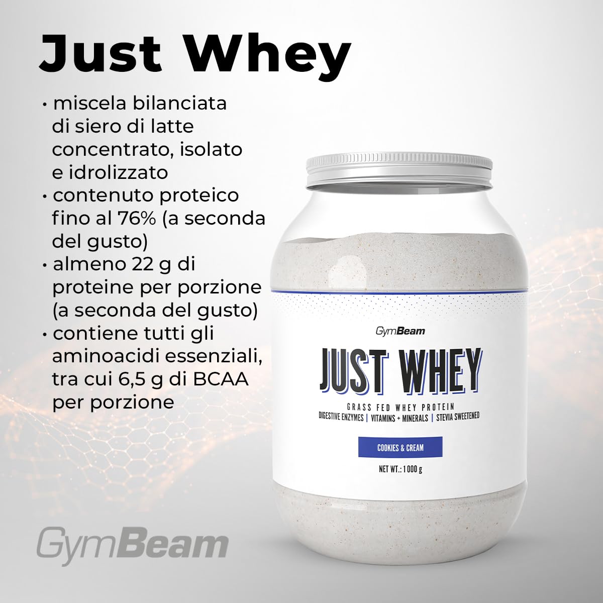 GymBeam Just Whey, Proteine in Polvere Multicomponente da Siero di Latte, Whey Protein, Concentrato e Idrolizzato, 22,4g Proteine per Dose (1000 g, Biscotti e Panna)