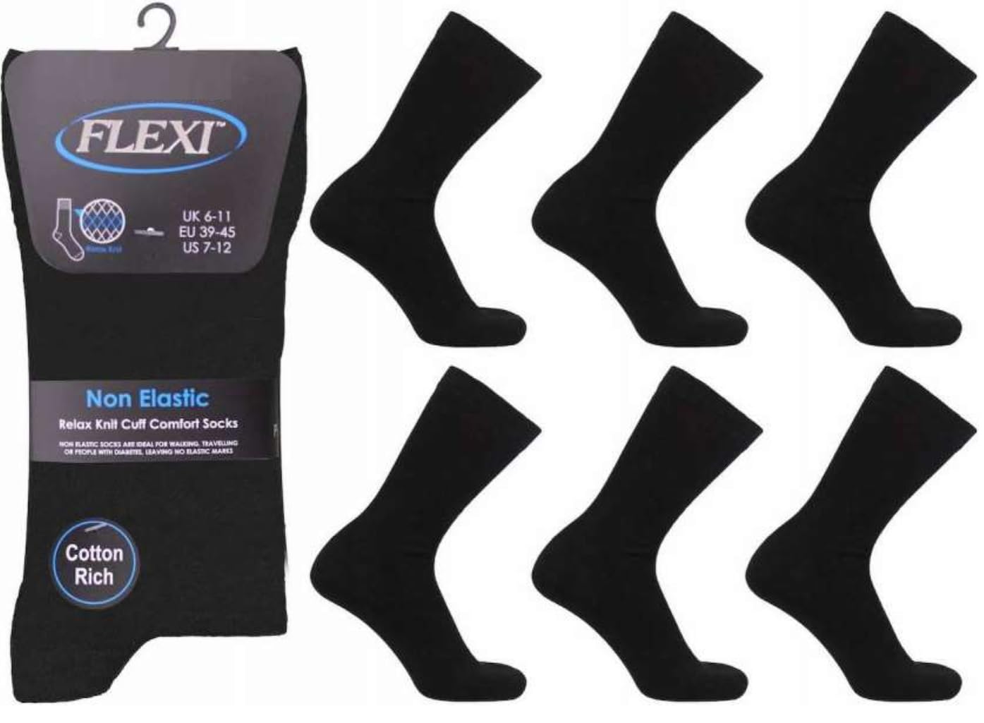 Onlybee Men's Plain Black 6 Pairs Of Non Binding Diabetic Loose Top Socks