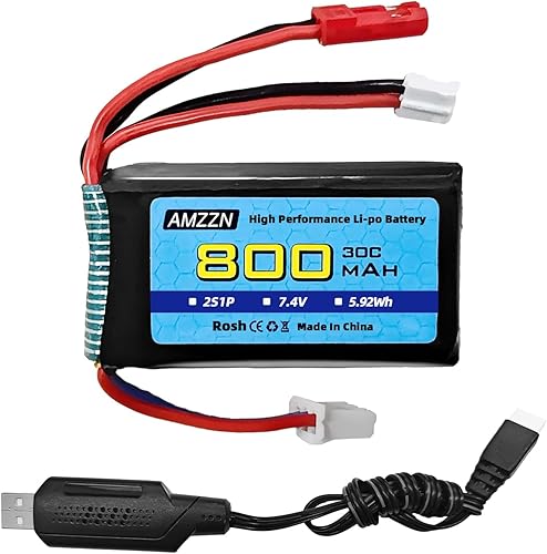 Batería Lipo de 7.4V 30C 2S 800mAh con enchufe JST y PH2.0 Plug Collocation Cable de carga USB para batería de coche SCX24 RC, compatible con la
