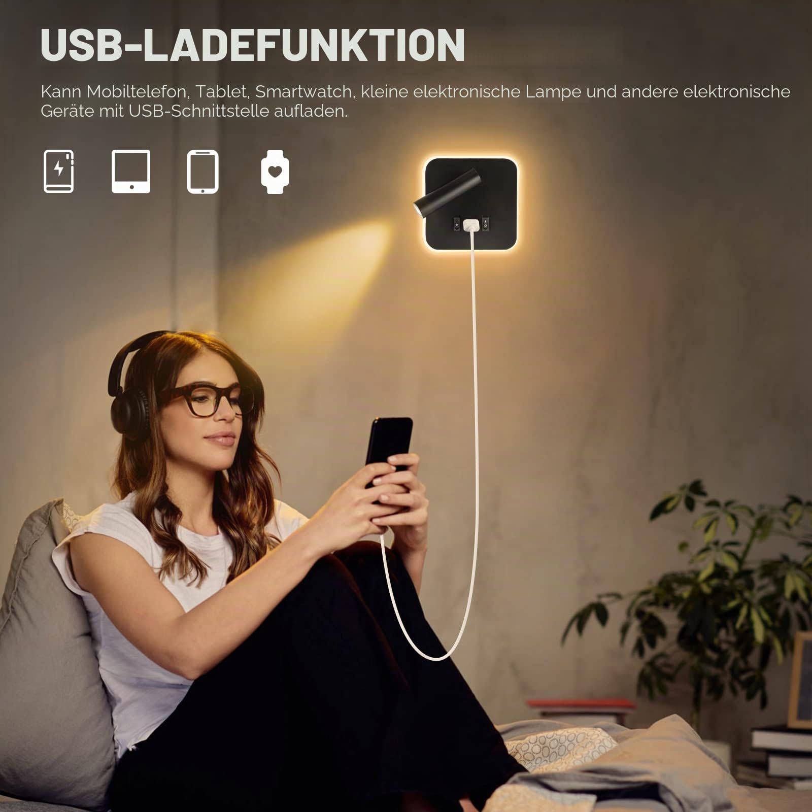 2PCS Wandleuchte Innen LED, Nachttischlampe mit Schalter, USB-Ladeanschluss Wandlampe, 12W Innenwandleuchte, 360°Drehbare, Moderne Wandbeleuchtung, 3000K Warmweiß für Schlafzimmer Wohnzimmer