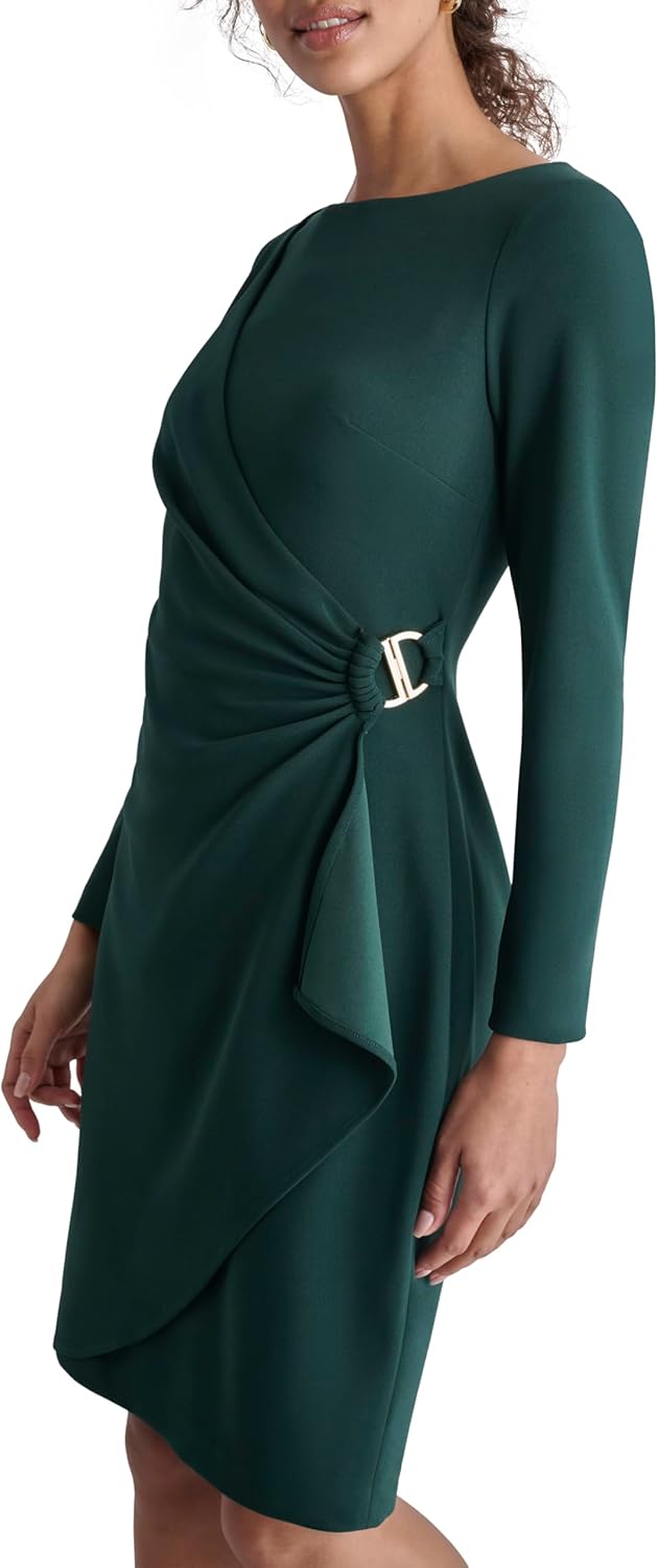 DKNY Womens Long Sleeve Jewel Neck Mini D Buckle Scuba Crepe Dress - Image 3